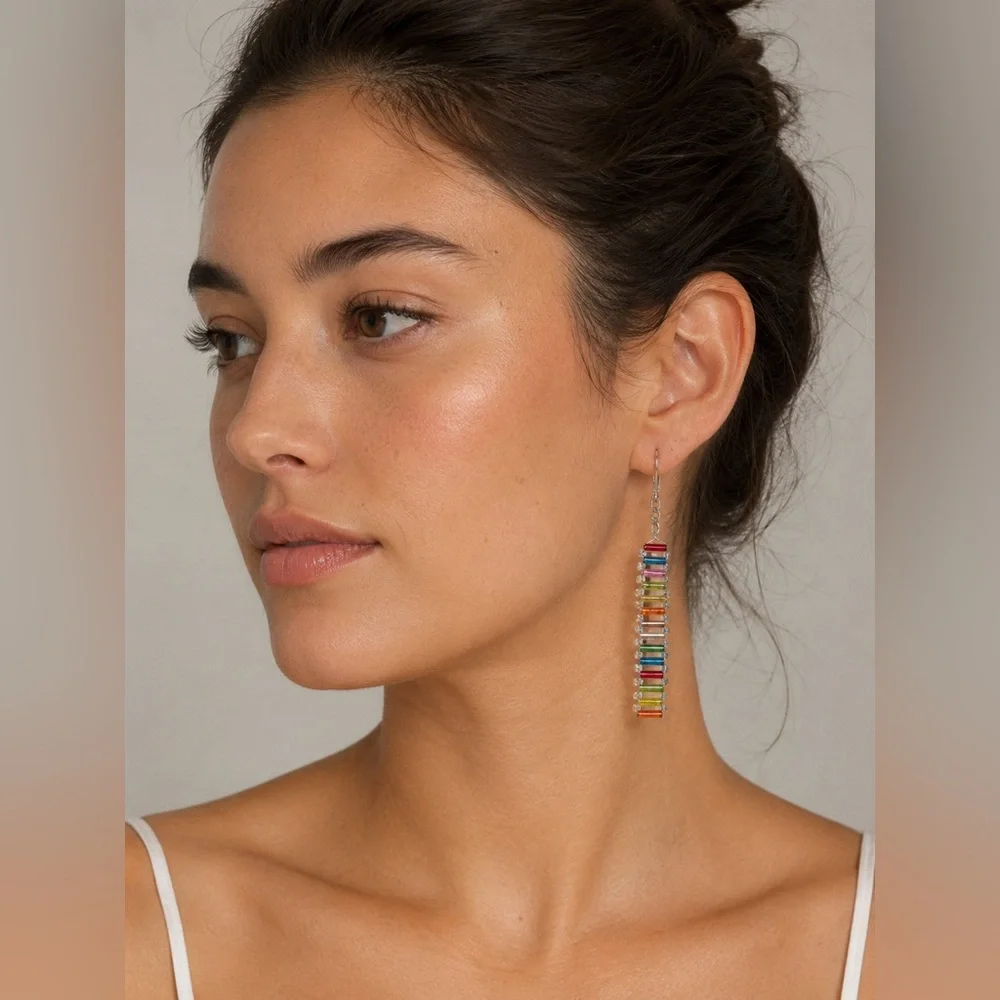 NWOT Handmade Beaded Rainbow Earrings - Picture 2 of 6